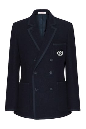 Double-Breasted Bouclé Wool Jacket With VLogo Signature Embroidery